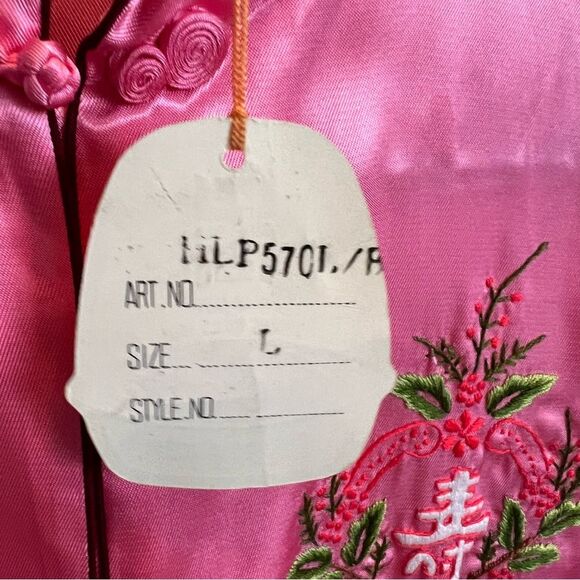 New Vintage Longevity Pink Satin Chinese Pajama Set Large Embroidered - Picture 5 of 16
